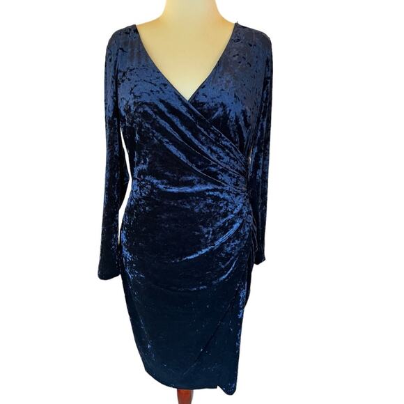 Lauren Ralph Lauren Navy Stretch V-Neck Wrap Velvet Midi Dress - 12 - Like New - Picture 1 of 7
